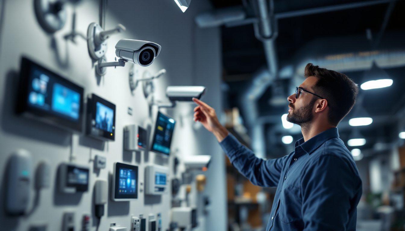 Man looking at commercial security cameras