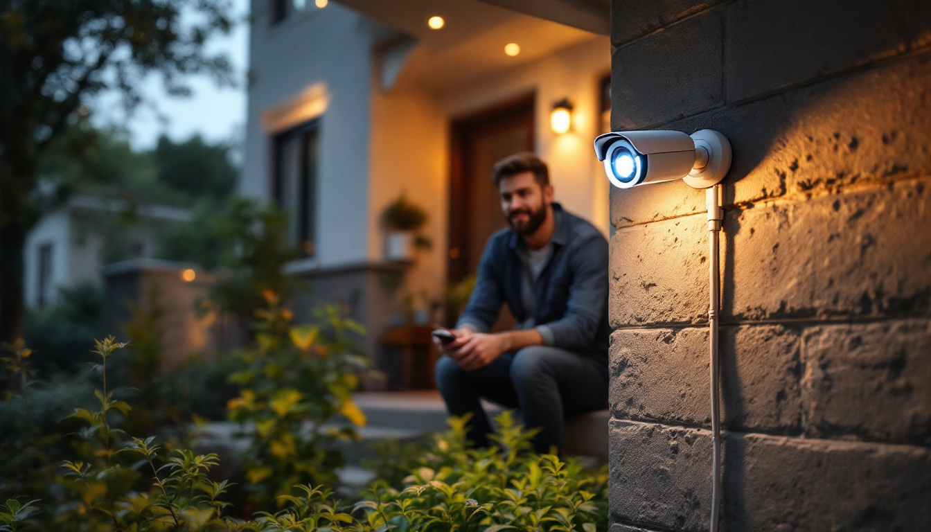 security camera foregrounding a man sitting outside his house