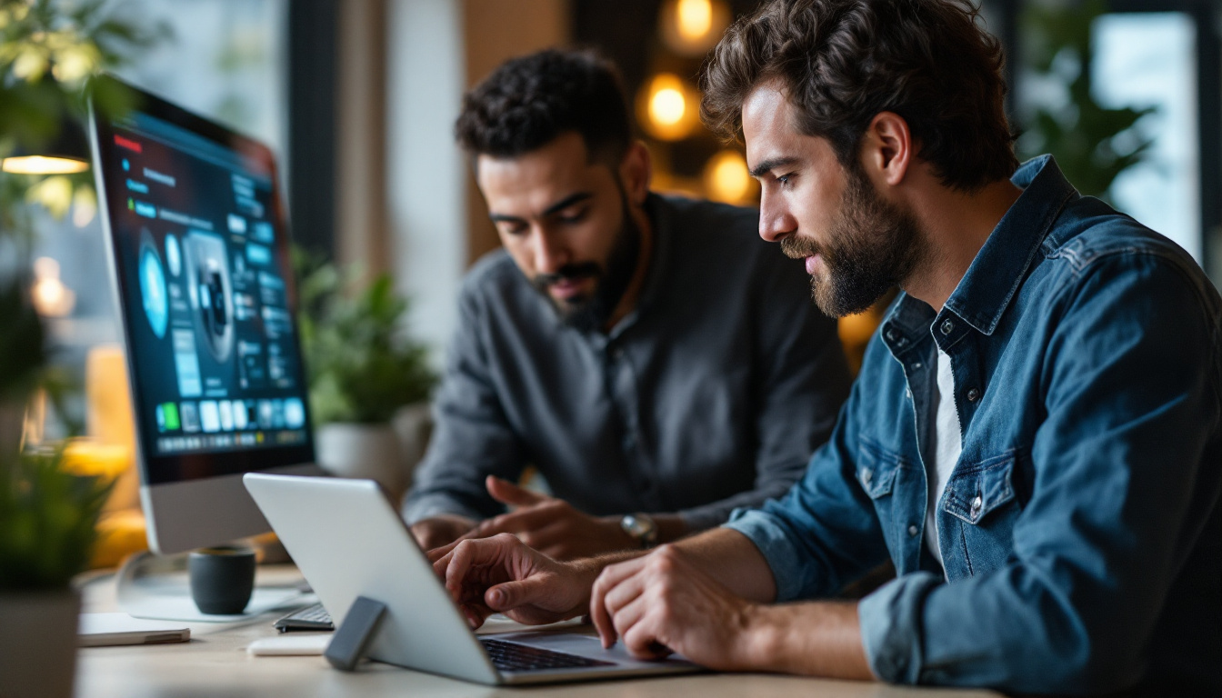 two men looking at office computers